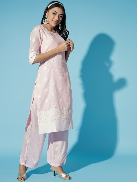Myshka Embroidered Regular Chanderi Cotton Kurti with Trousers & Dupatta
