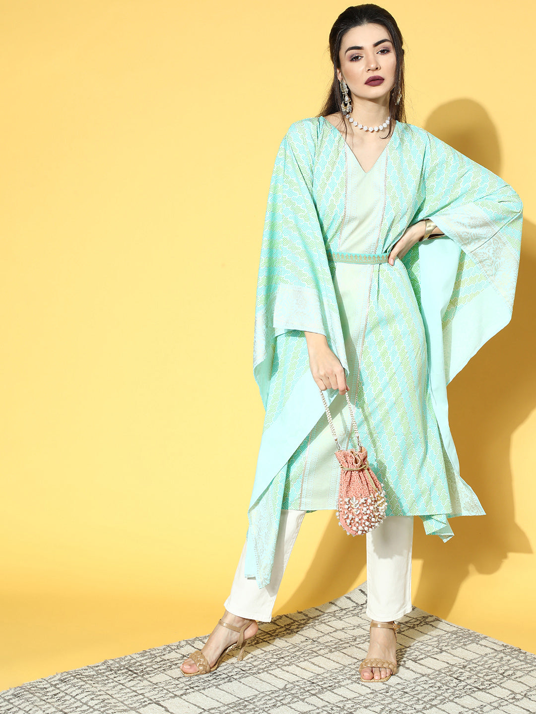 Ahalyaa Women Sea Green Crepe Printed Kaftan Kurta