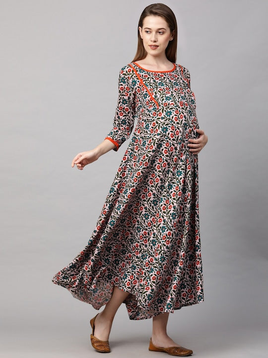 MomToBe Cream-Coloured Orange Ethnic Motifs Maternity Maxi Nursing Dress