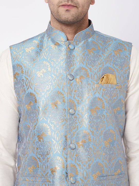 Vastramay Men Cream-Coloured Kurta with Pyjamas With Nehru Jacket