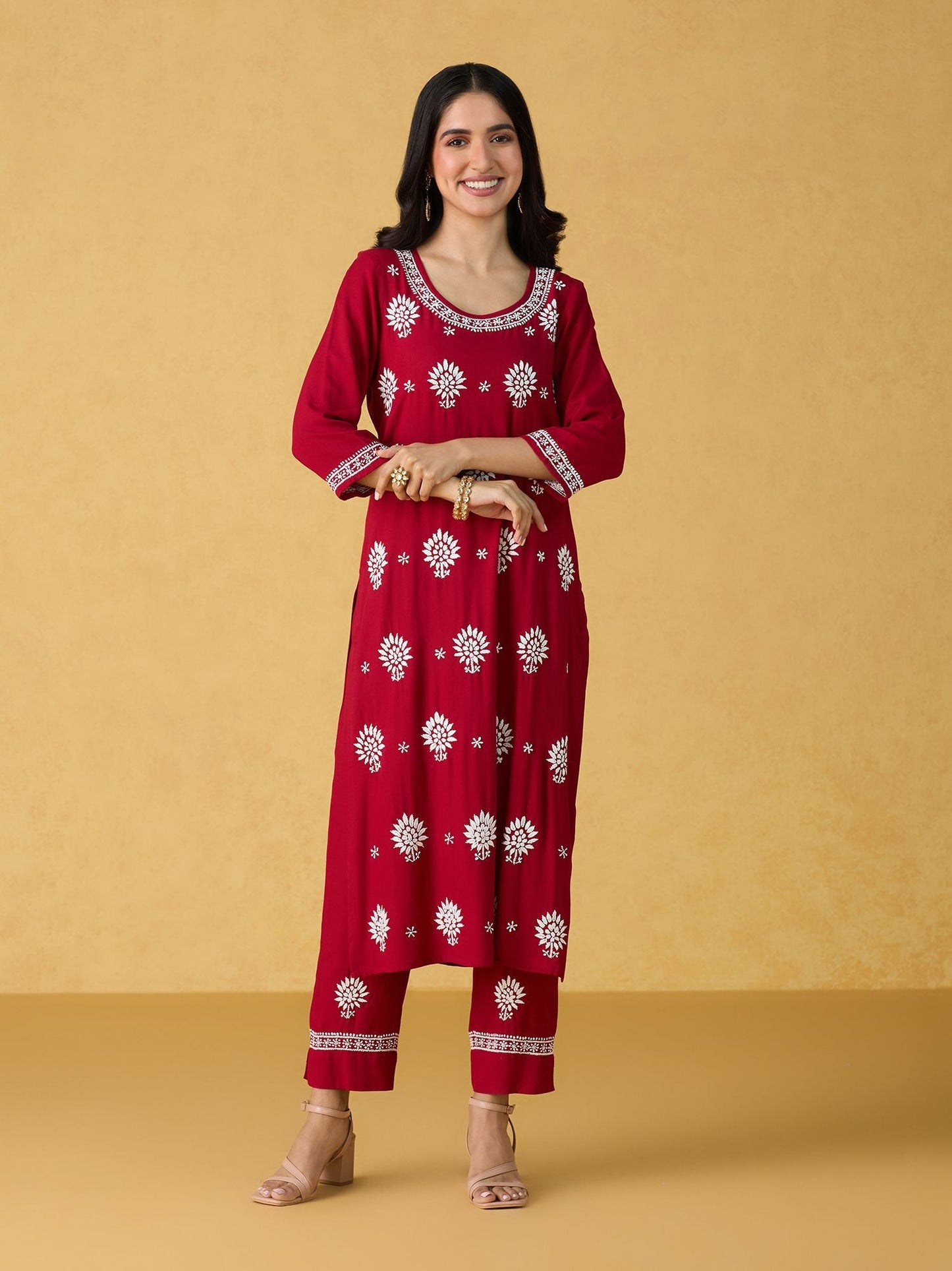 Likha Red Chikankari Kurta Pant & Dupatta LIKSKD298 (Set of 3)