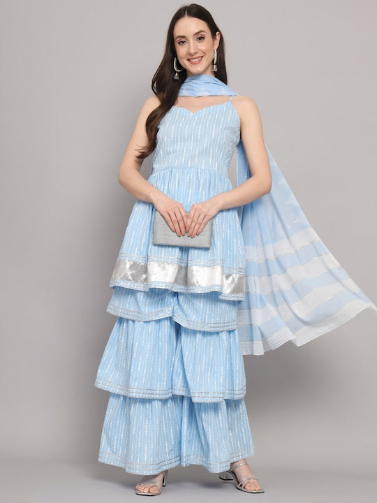 Myshka Ethnic Motifs Printed Pleated Anarkali Pure Cotton Kurta with Sharara & Dupatta