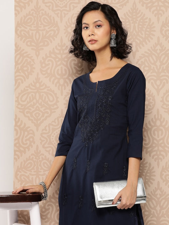 Yufta Floral Embroidered Chikankari Cotton Kurta Navy Blue