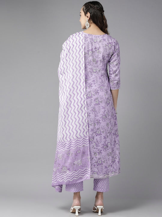 Yufta Floral Printed Gotta Patti Pure Cotton Kurta With Trousers & Dupatta