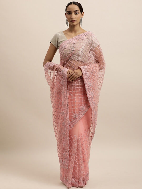 Kasee Peach-Coloured Floral Embroidered Net Saree