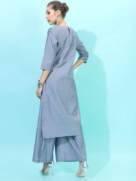 Vishudh Women Blue Striped Kurta with Palazzos