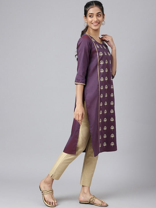 Aurelia Women Purple Floral Thread Work Kurta