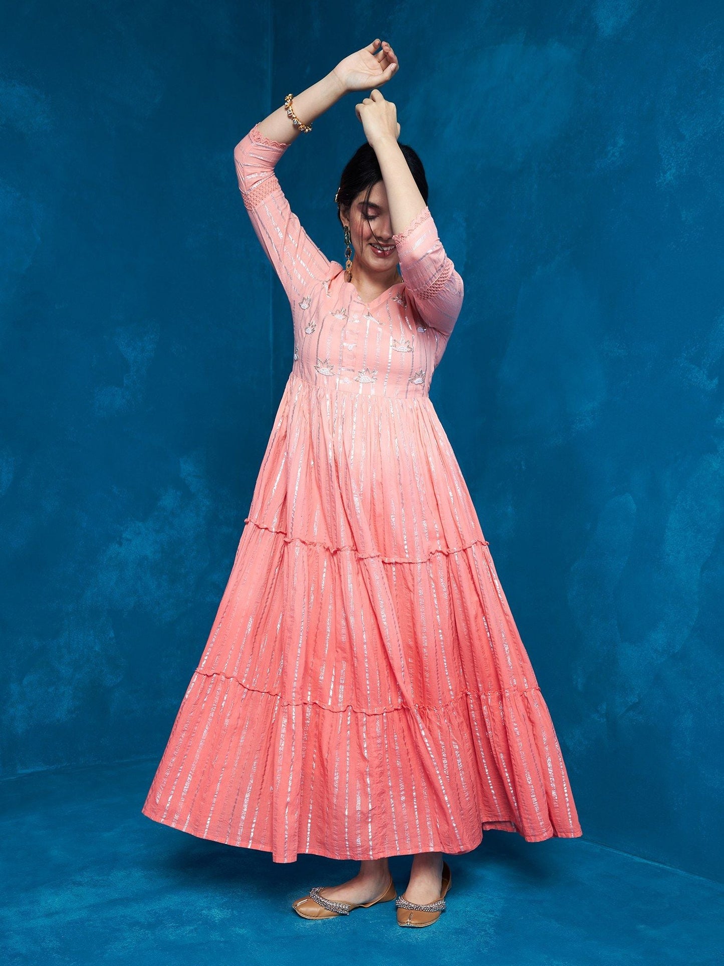 Likha Peach Stripes Hand Embroidered Bead Work Tiered Dress