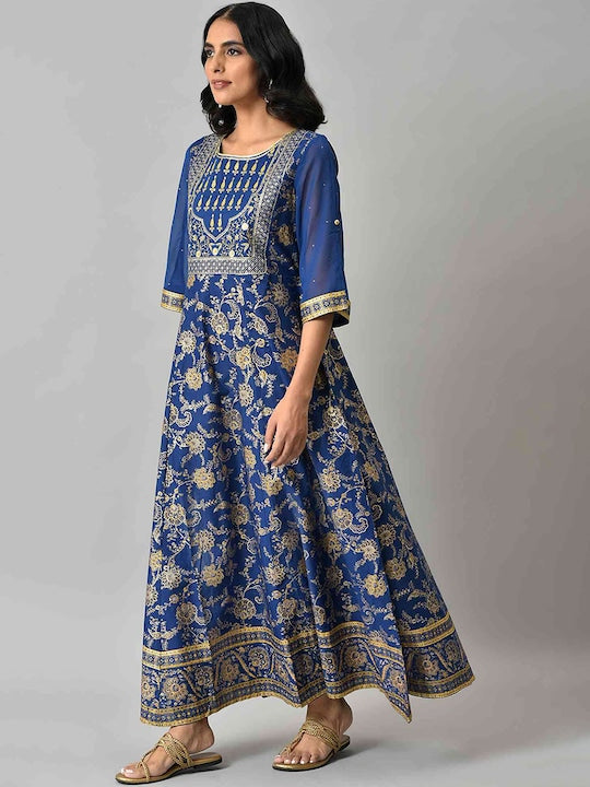 Aurelia Women Blue Floral Printed Ethnic Maxi Dress
