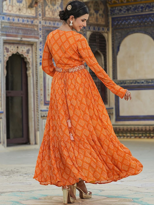 Scakhi Bandhani Printed Gathered Detailed Chinon Silk Maxi Ethnic Dress With Belt
