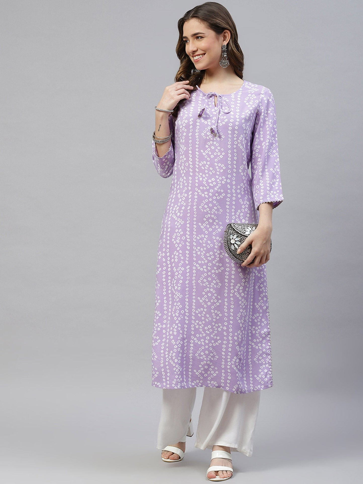 PIROH Womens Bandhej Print Rayon Kurta Purple
