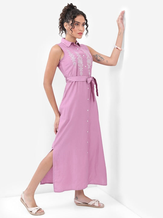 Vishudh Mauve Solid Printed A-Line Maxi Dress
