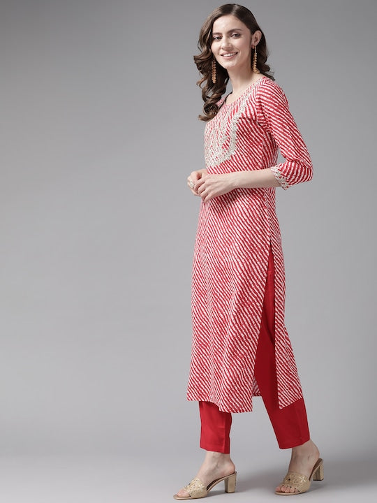 Yufta Women Red Leheriya Printed Zardozi Kurta with Trousers & With Dupatta