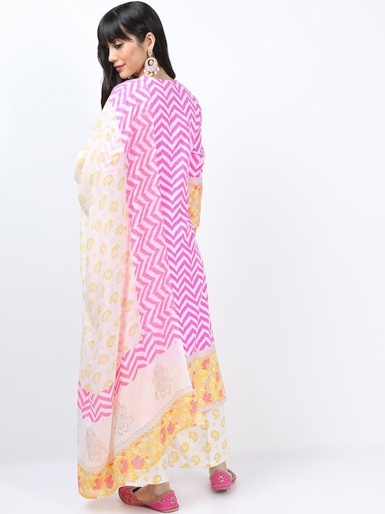 Vishudh Women Pink Printed Kurta with Trousers & With Dupatta