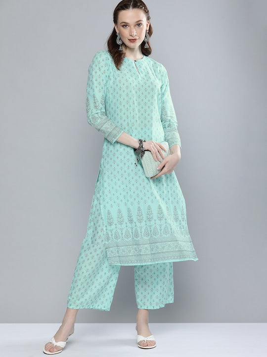 Vishudh Women Blue Ethnic Motifs Printed Panelled Pure Cotton Kurta with Trousers