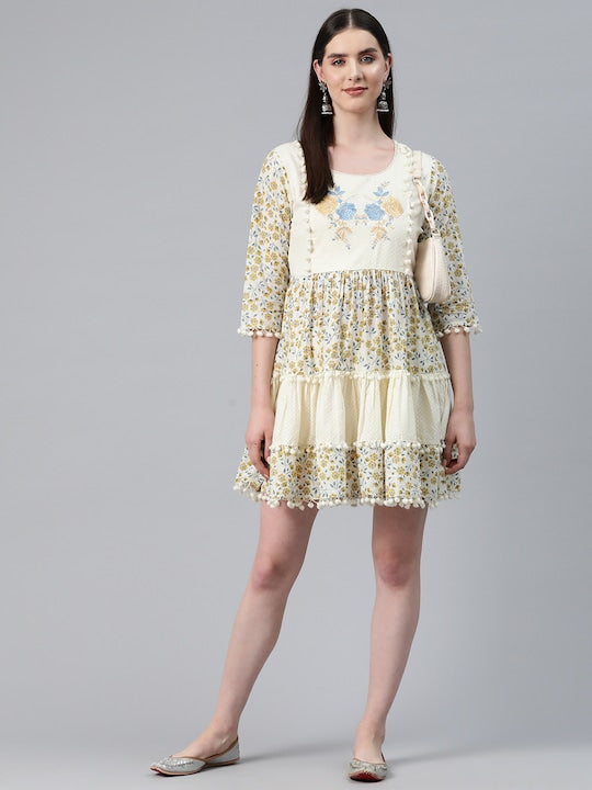 Readiprint Fashions Floral Print with Pom-Pom Detail A-Line Dress