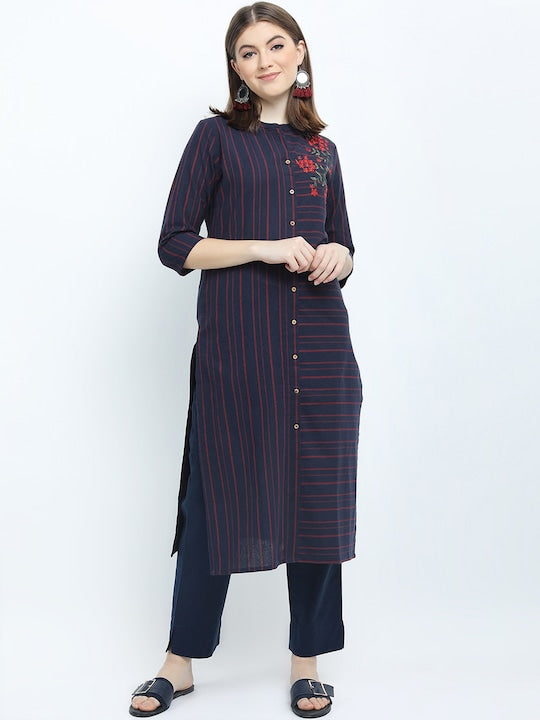 Vishudh Women Navy Blue & Red Floral Printed Kurta