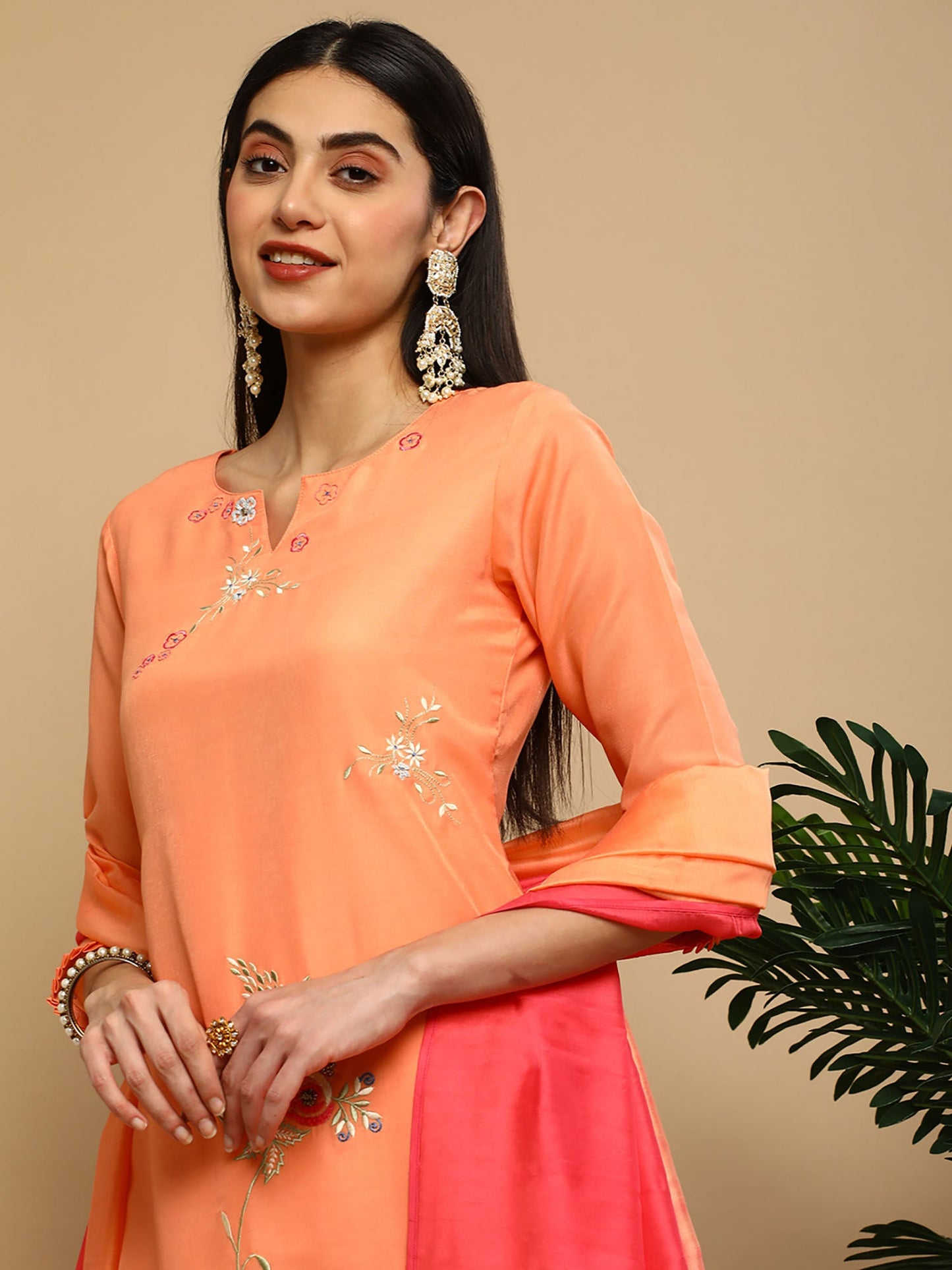 Heeposh Orange Straight Embroidered Muslin Kurta with Thread Work Detailing (Set of 3)