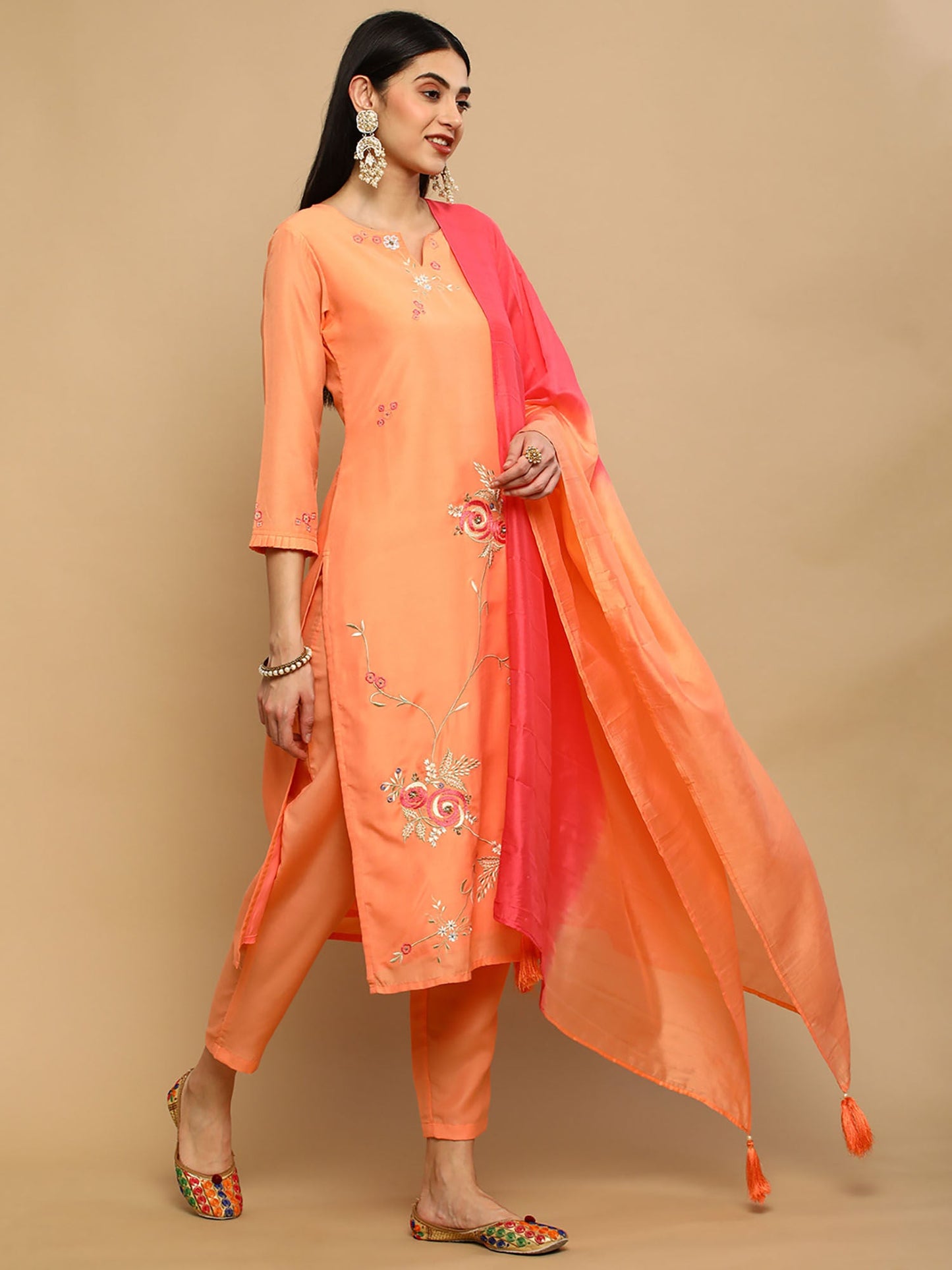 Heeposh Orange Straight Embroidered Muslin Kurta with Thread Work Detailing (Set of 3)