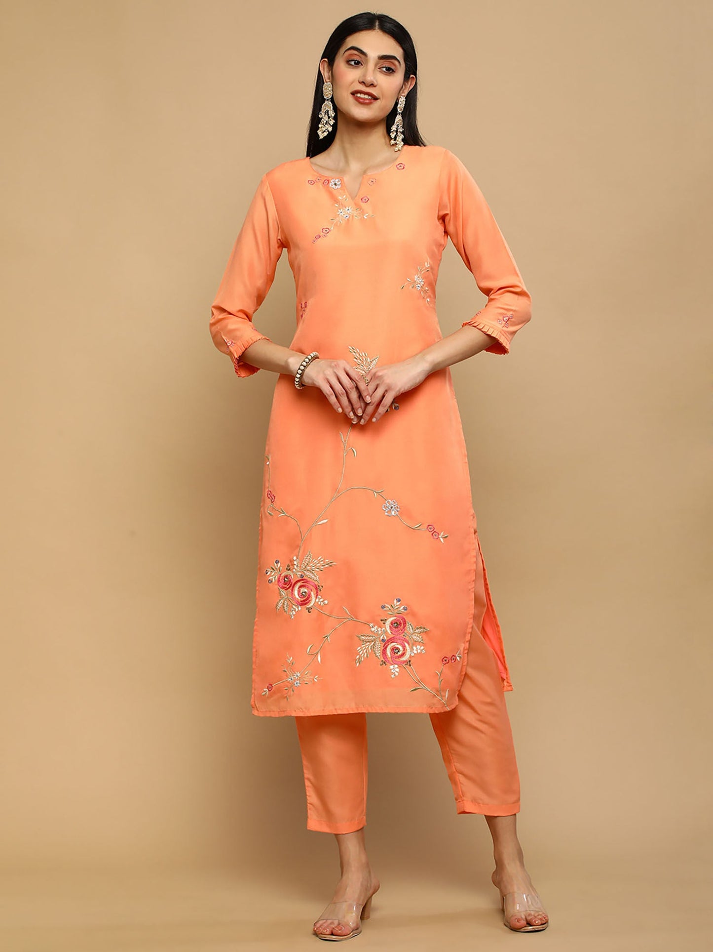 Heeposh Orange Straight Embroidered Muslin Kurta with Thread Work Detailing (Set of 3)