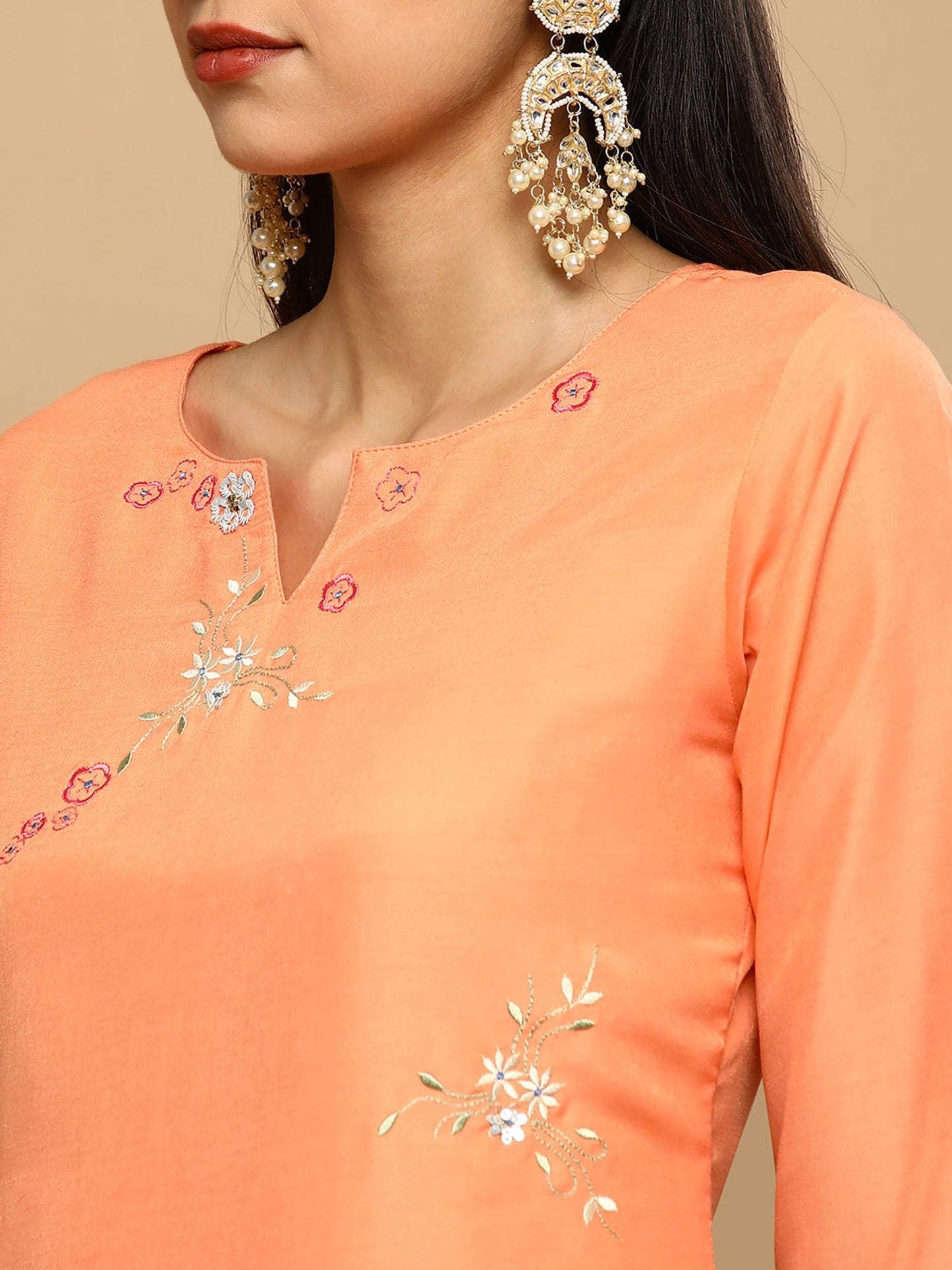 Heeposh Orange Straight Embroidered Muslin Kurta with Thread Work Detailing (Set of 3)