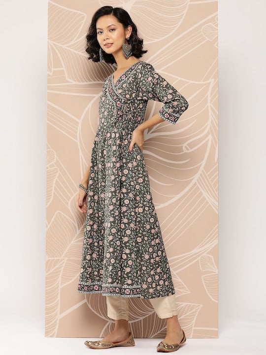Yufta Floral Printed Anarkali Cotton Kurta