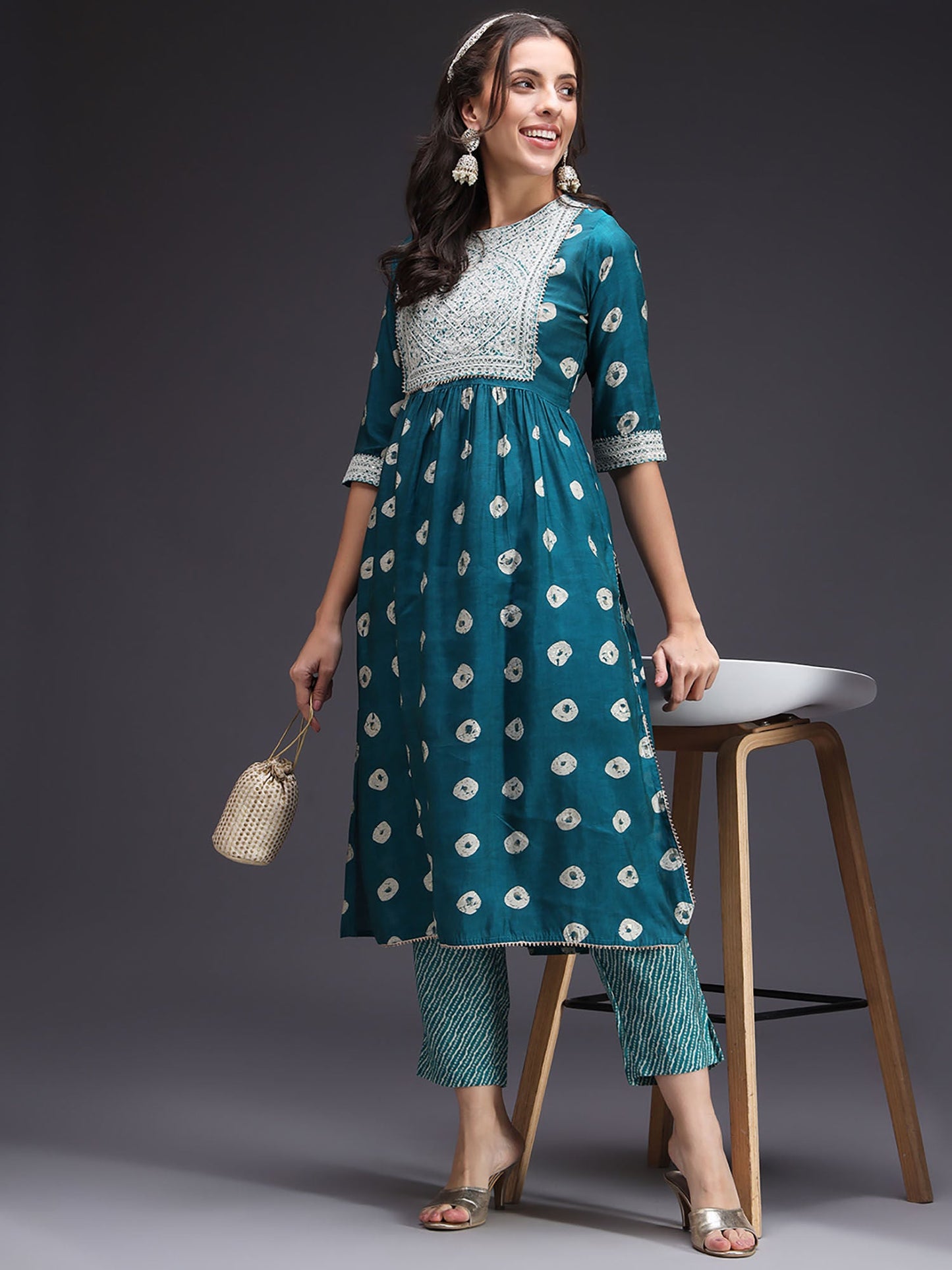 Heeposh Teal Embroidered Yoke Kurta & Pant (Set of 2)