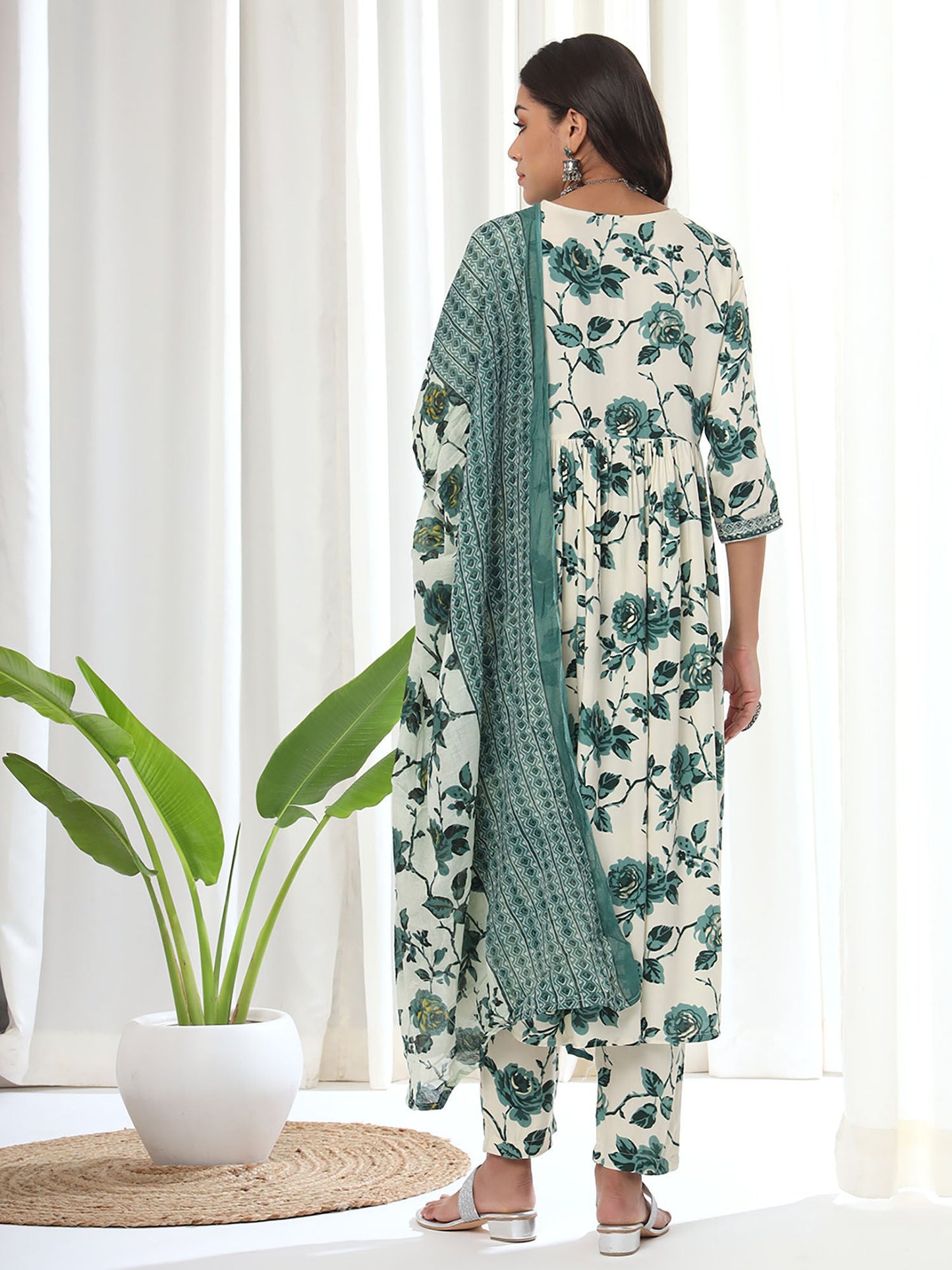 Heeposh Green Printed A-Line Kurta & Pant with Mulmul Dupatta (Set of 3)