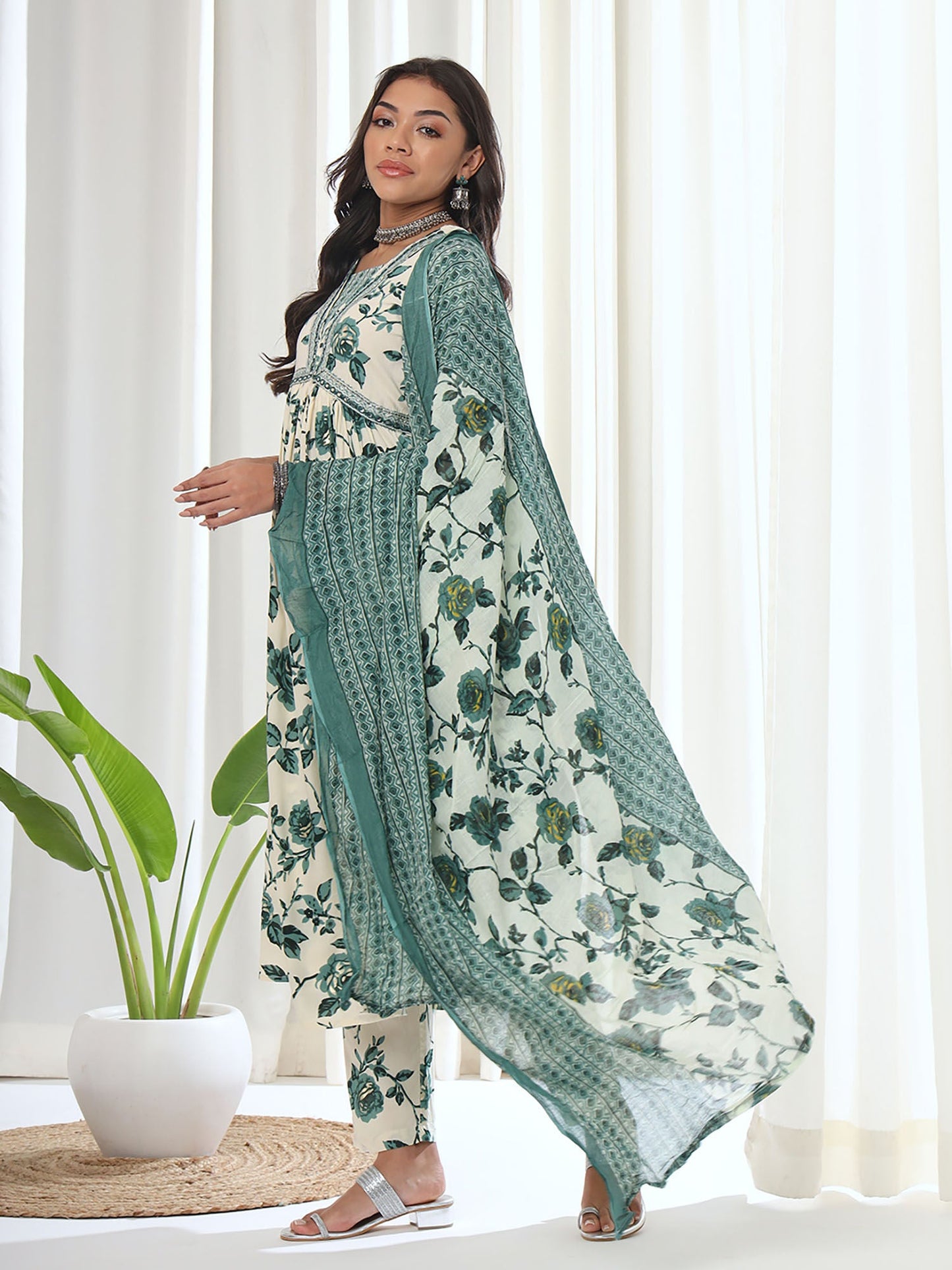 Heeposh Green Printed A-Line Kurta & Pant with Mulmul Dupatta (Set of 3)