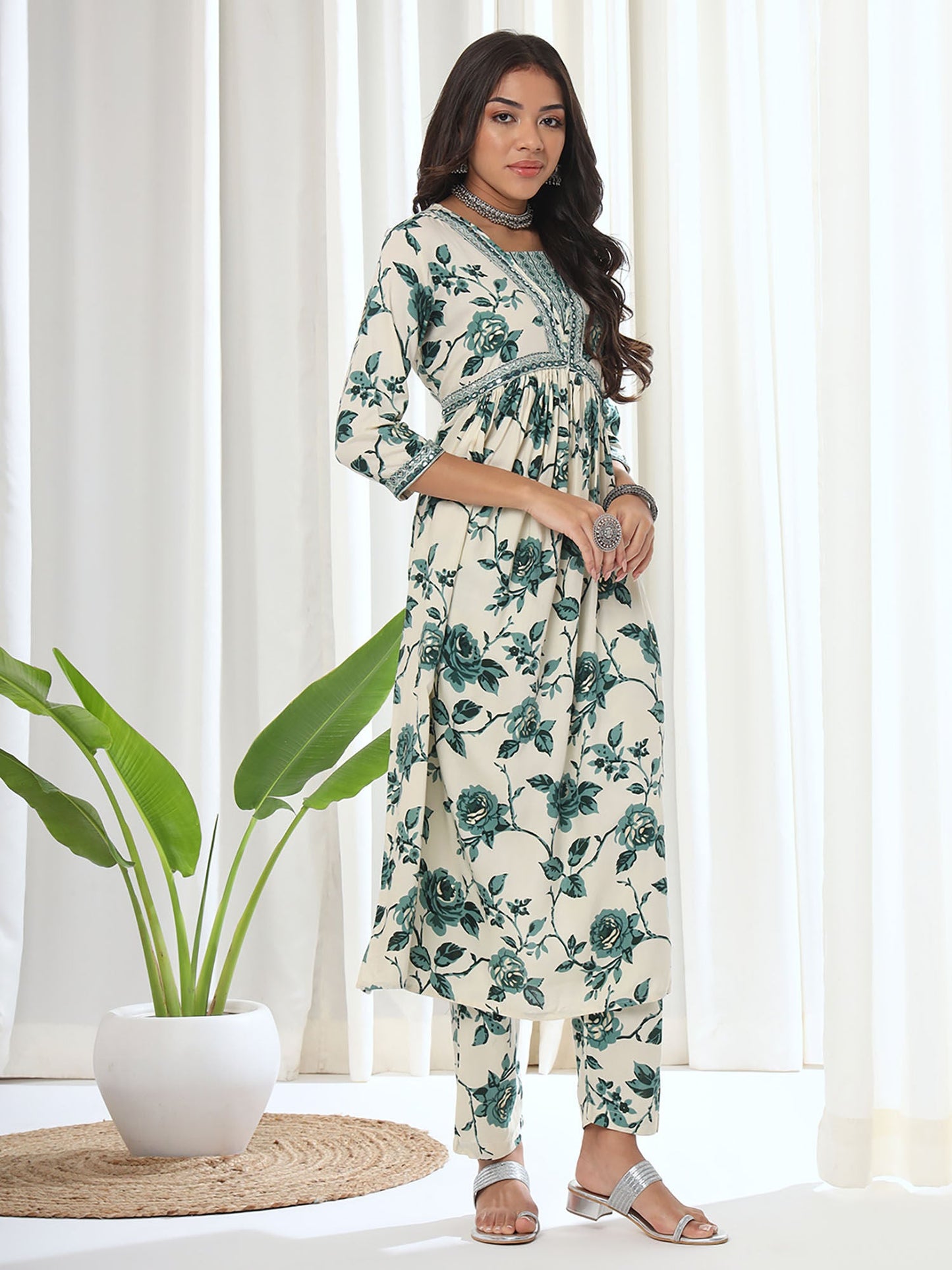 Heeposh Green Printed A-Line Kurta & Pant with Mulmul Dupatta (Set of 3)
