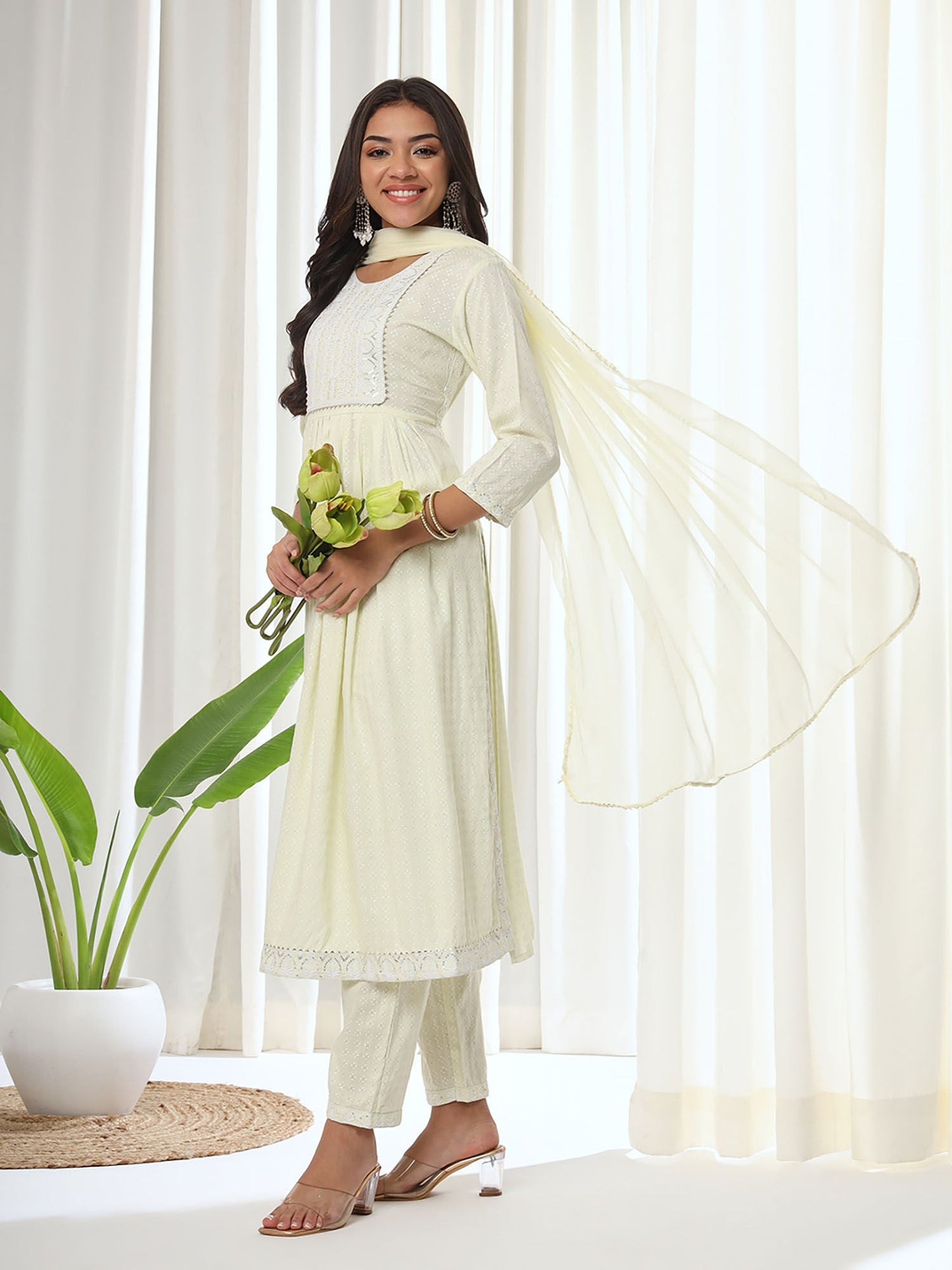 Heeposh Cream Printed A-Line Kurta & Pant with Dupatta (Set of 3)