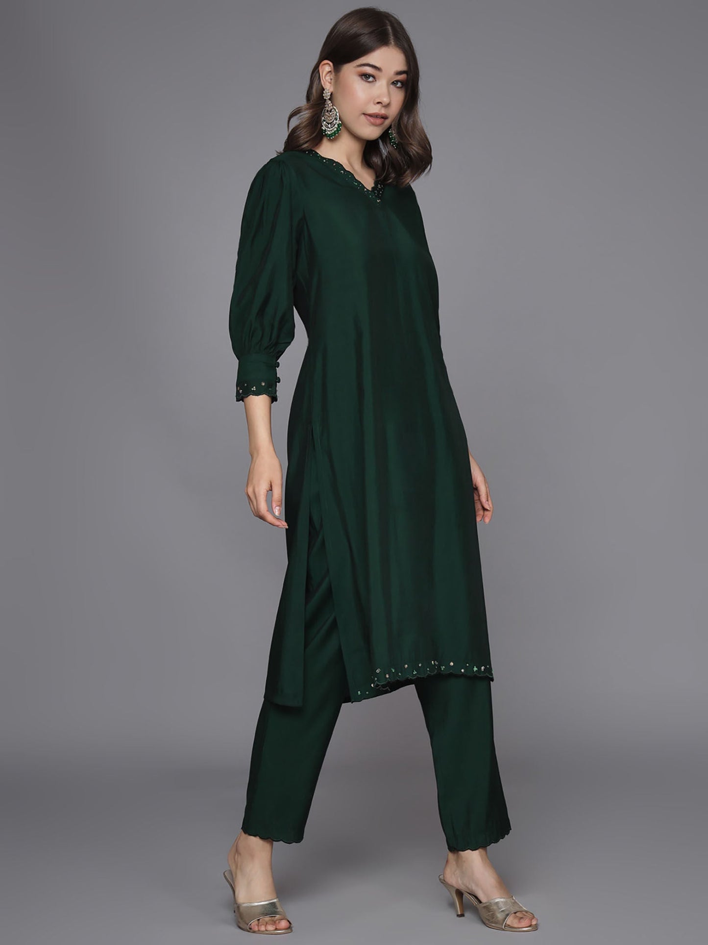 Heeposh Bottle Green Handwork Kurta & Pant (Set of 2)