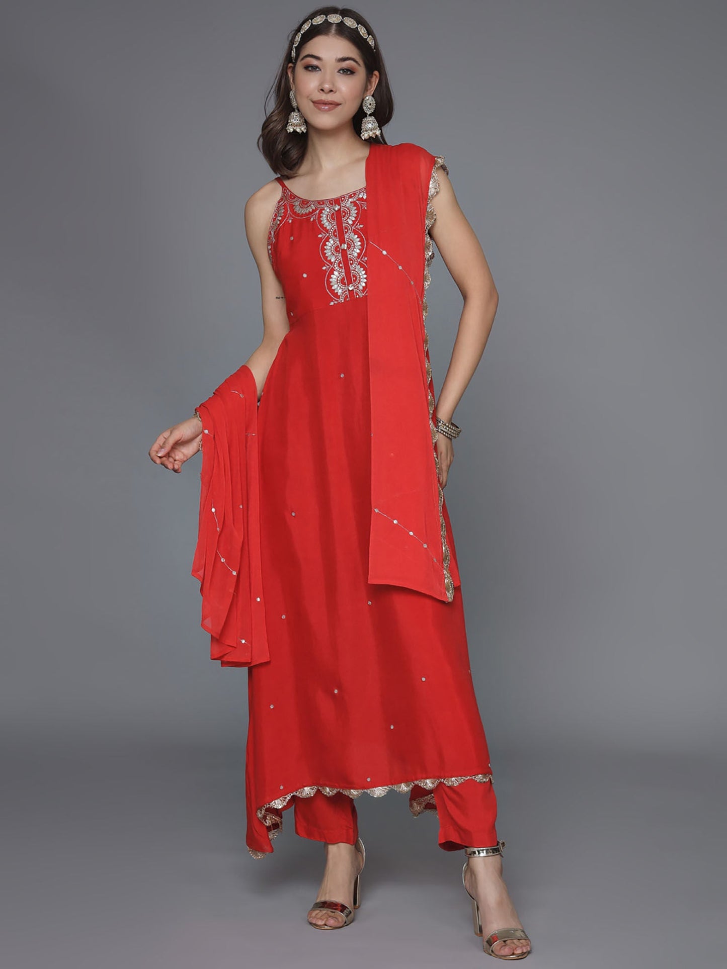Heeposh Red Zari Embroidered Flared Kurta & Pant with Embellished Dupatta (Set of 3)