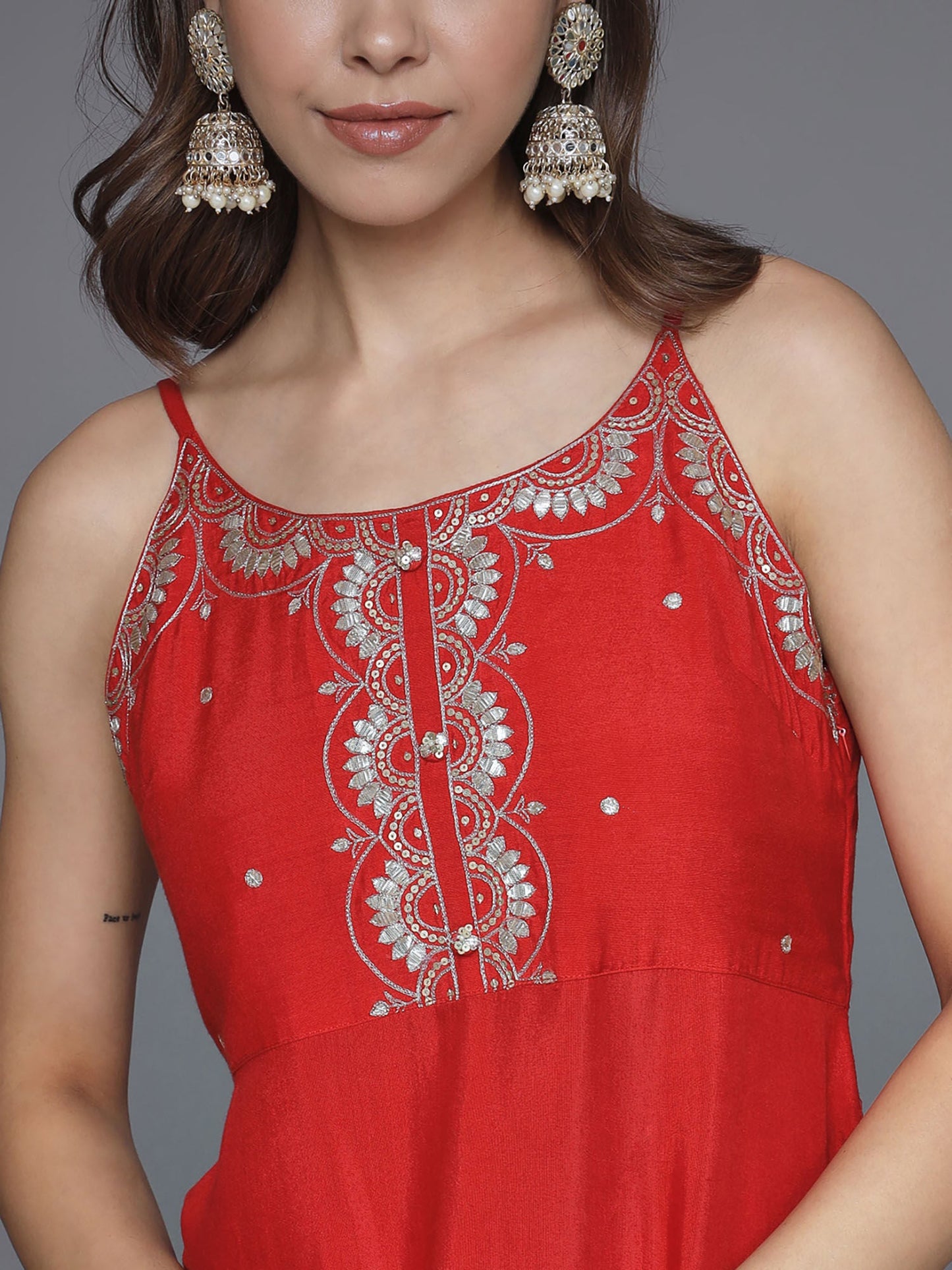 Heeposh Red Zari Embroidered Flared Kurta & Pant with Embellished Dupatta (Set of 3)