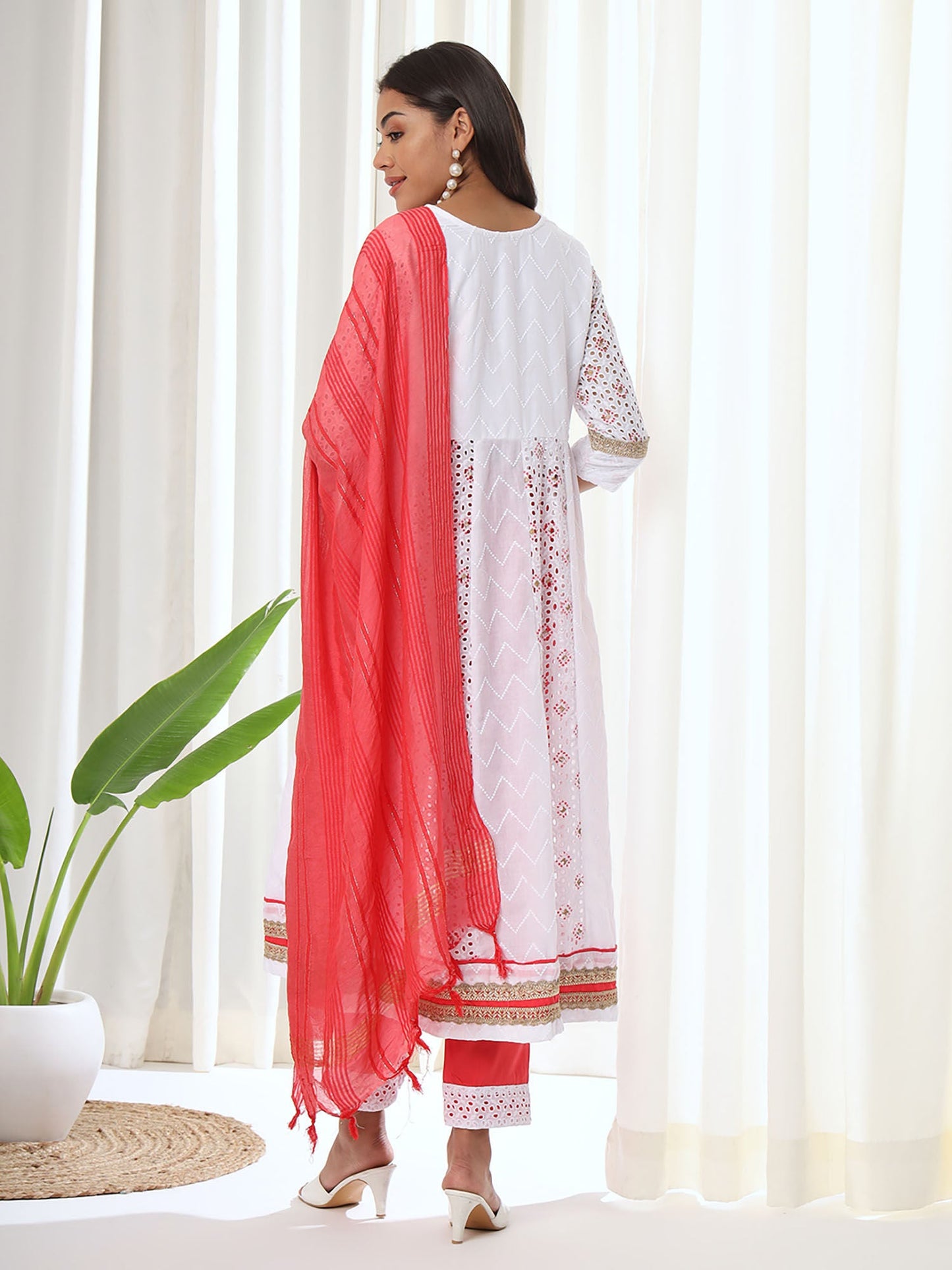 Heeposh White Schiffli Embroidered Cotton Anarkali Kurta & Pant with Dupatta (Set of 3)