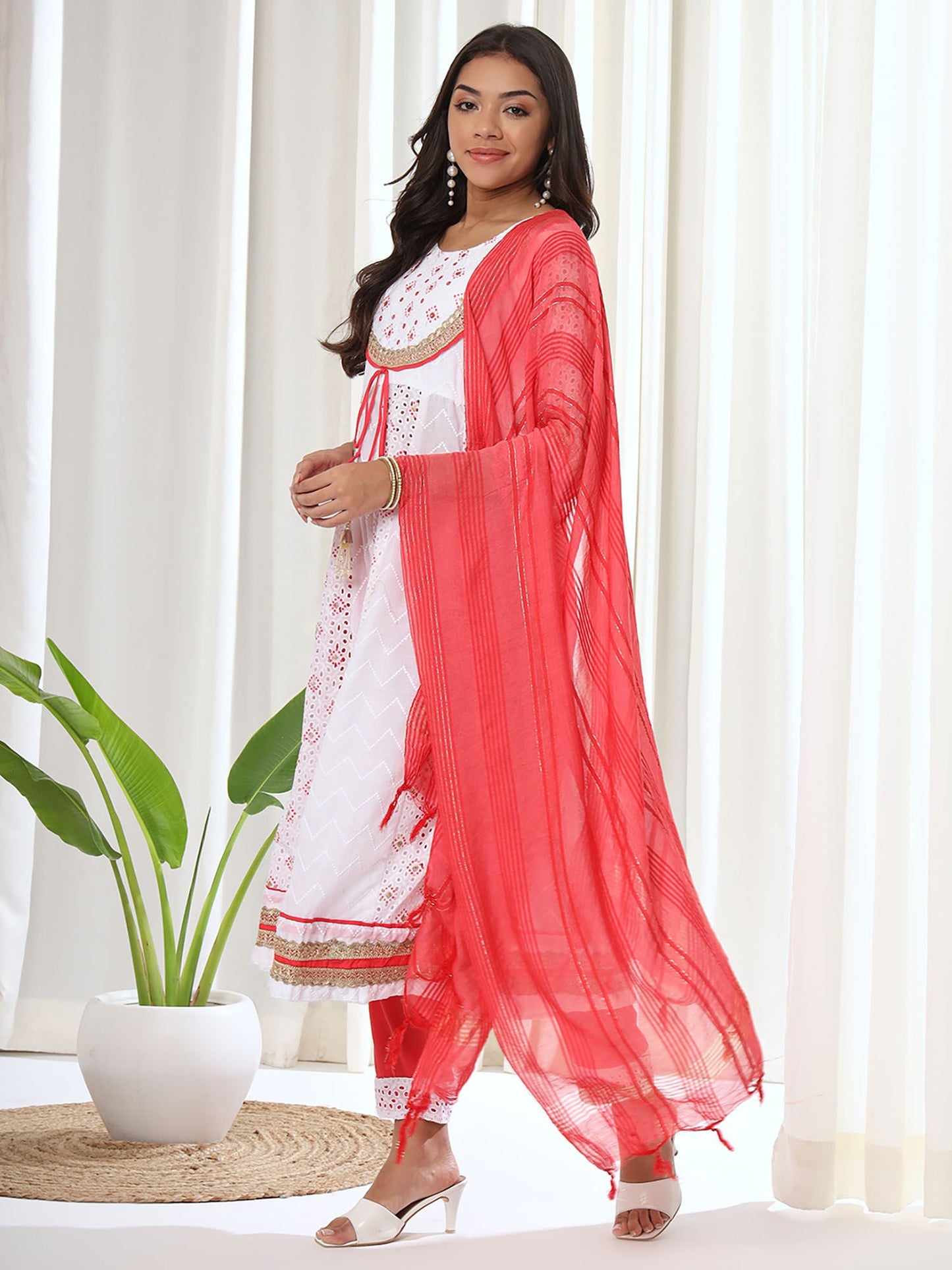Heeposh White Schiffli Embroidered Cotton Anarkali Kurta & Pant with Dupatta (Set of 3)