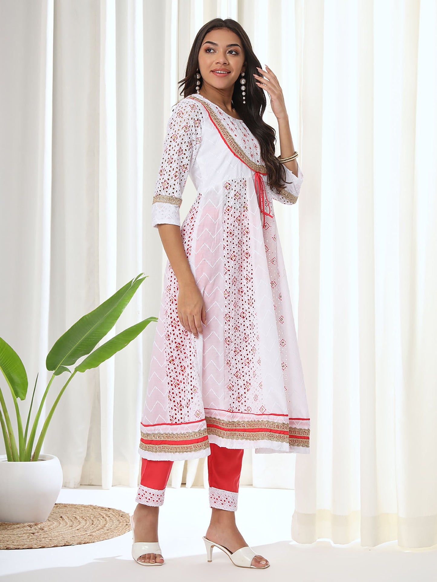 Heeposh White Schiffli Embroidered Cotton Anarkali Kurta & Pant with Dupatta (Set of 3)