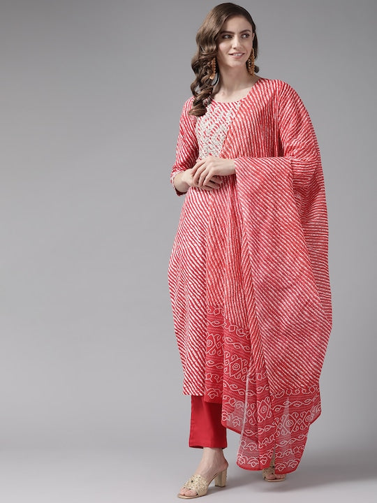 Yufta Women Red Leheriya Printed Zardozi Kurta with Trousers & With Dupatta