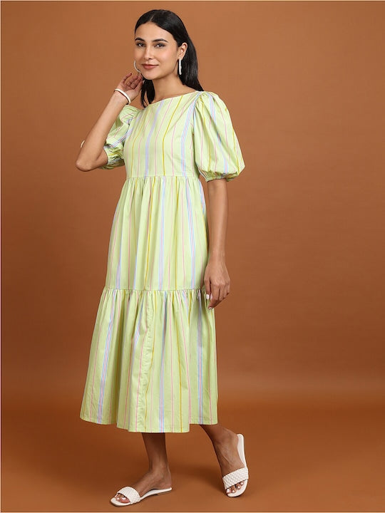 Vishudh Lime Green Striped Puff Sleeves Cotton Fit and Flare Midi Dress