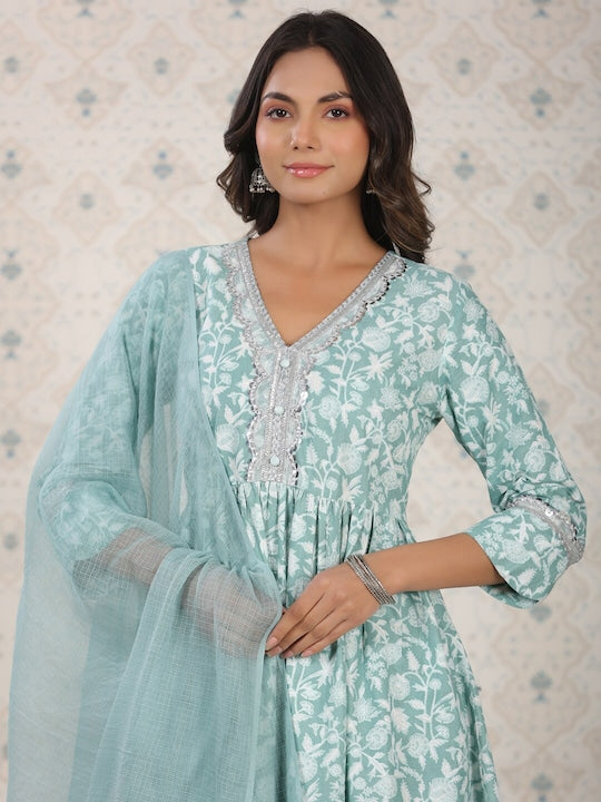House of Pataudi Floral Printed Pure Cotton Kurta With Palozza & Dupatta