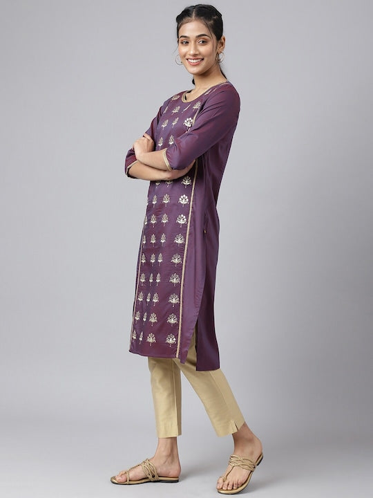 Aurelia Women Purple Floral Thread Work Kurta