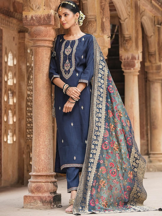 Scakhi Ethnic Motifs Embroidered Zari Jacquard Straight Kurta With Trousers & Dupatta