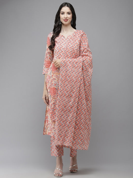 Yufta Women Pink Floral Printed Regular Gotta Patti Pure Cotton Kurta with Trousers & With Dupatta - S