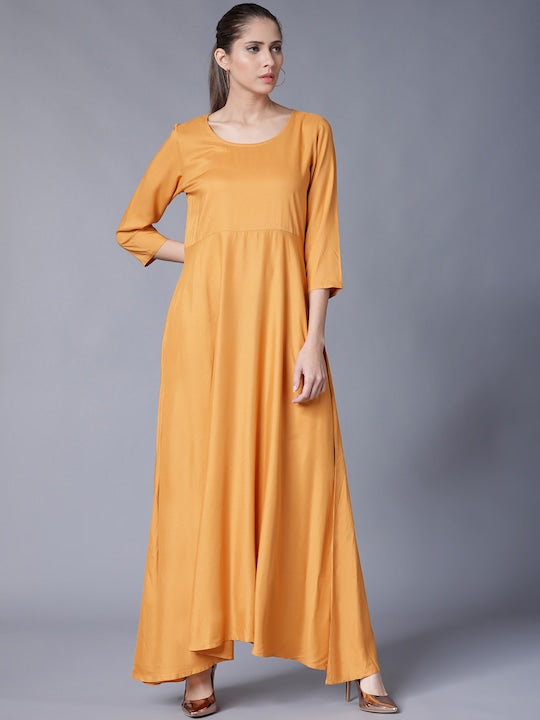 Vishudh Women Mustard Yellow & Teal Blue Printed Layered A-Line Kurta