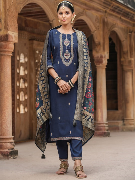 Scakhi Ethnic Motifs Embroidered Zari Jacquard Straight Kurta With Trousers & Dupatta