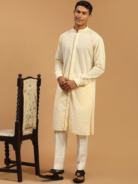 Vastramay Geometric Embroidered Mandarin Collar Chikankari Kurta With Pyjamas