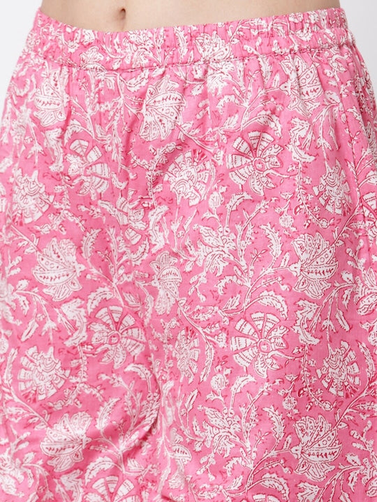Myshka Women Pink Floral Printed Pure Cotton Kurta with Sharara & Dupatta