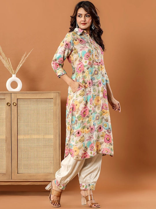 Vishudh Beige Floral Printed Regular Sequinned Kurta with Salwar