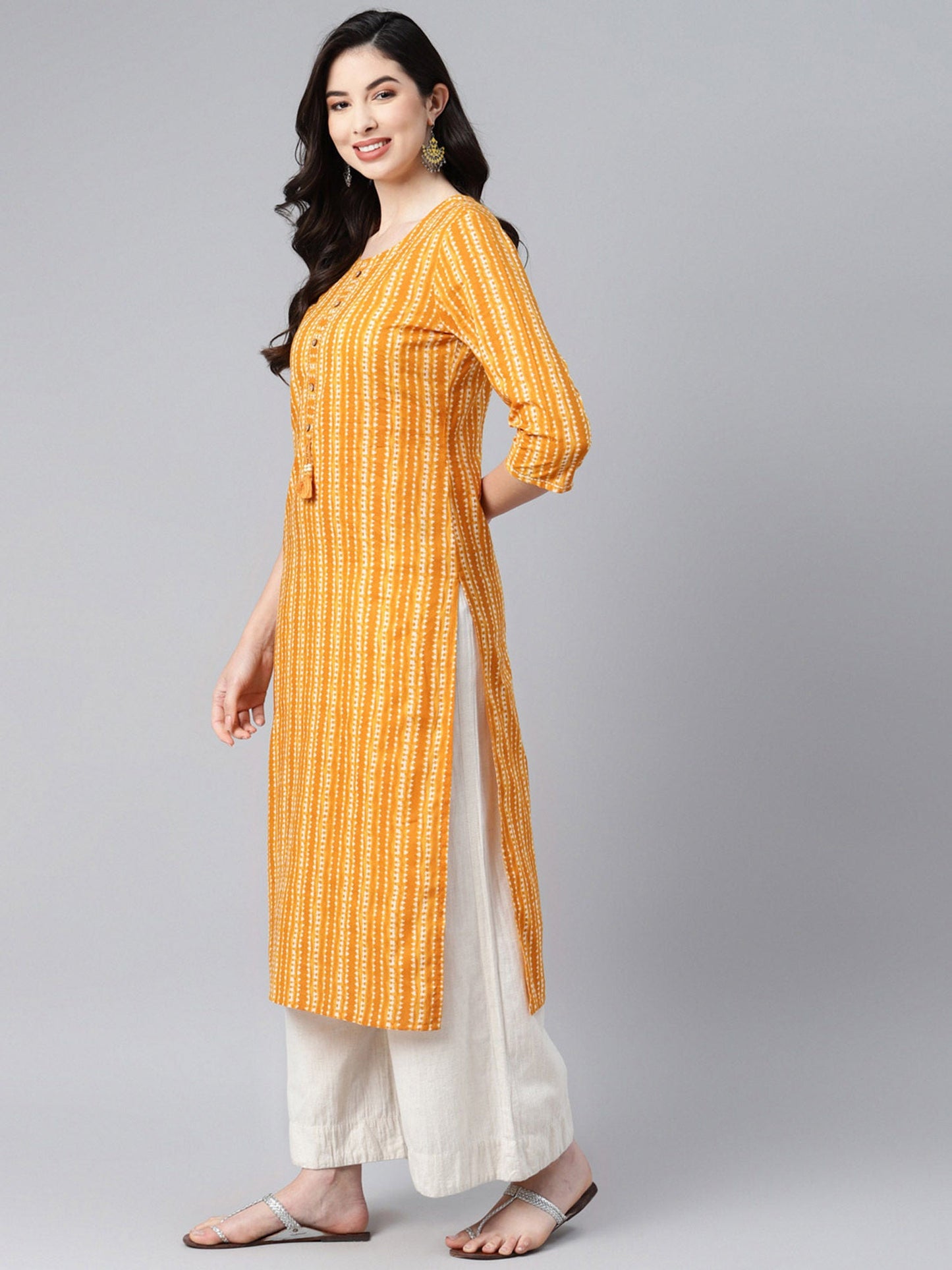 PIROH Womens Cotton Stripe Print Straight Kurta Yellow