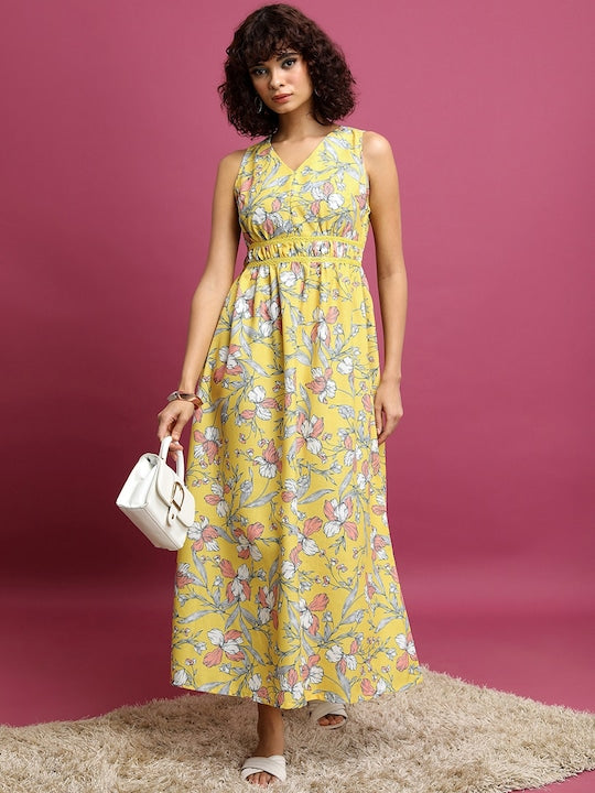 Vishudh Yellow Floral Printed Gathered Maxi Dress